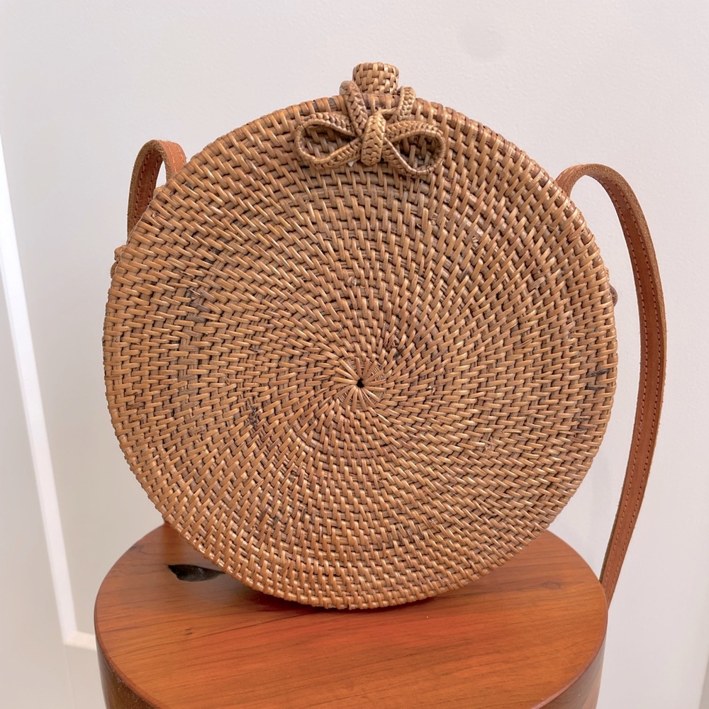 Handwoven Round Rattan Bag with leather strap